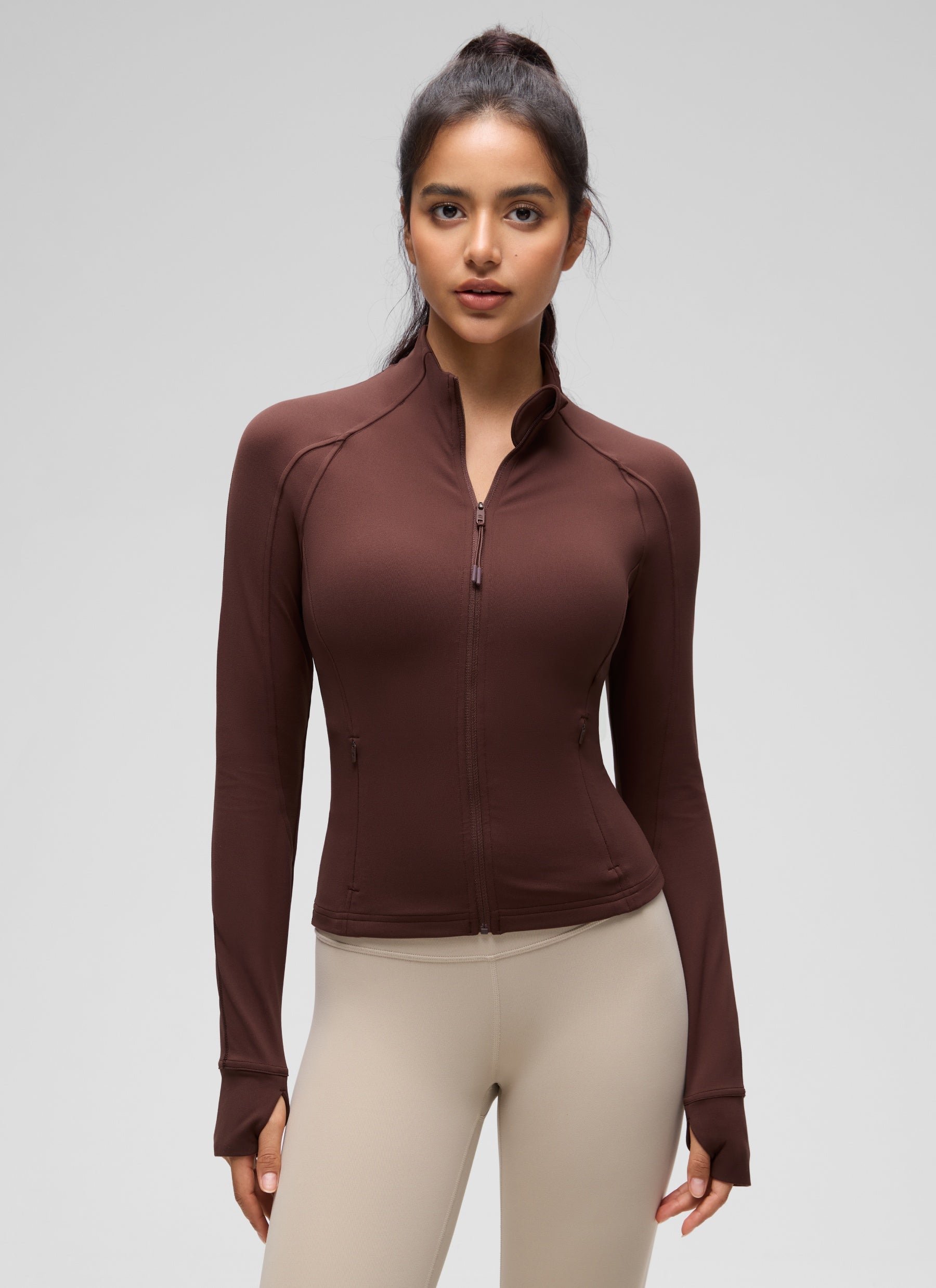 CRZ YOGA Damen Butterluxe Full Zipper Sport Jacke mit Daumenloch Taupe