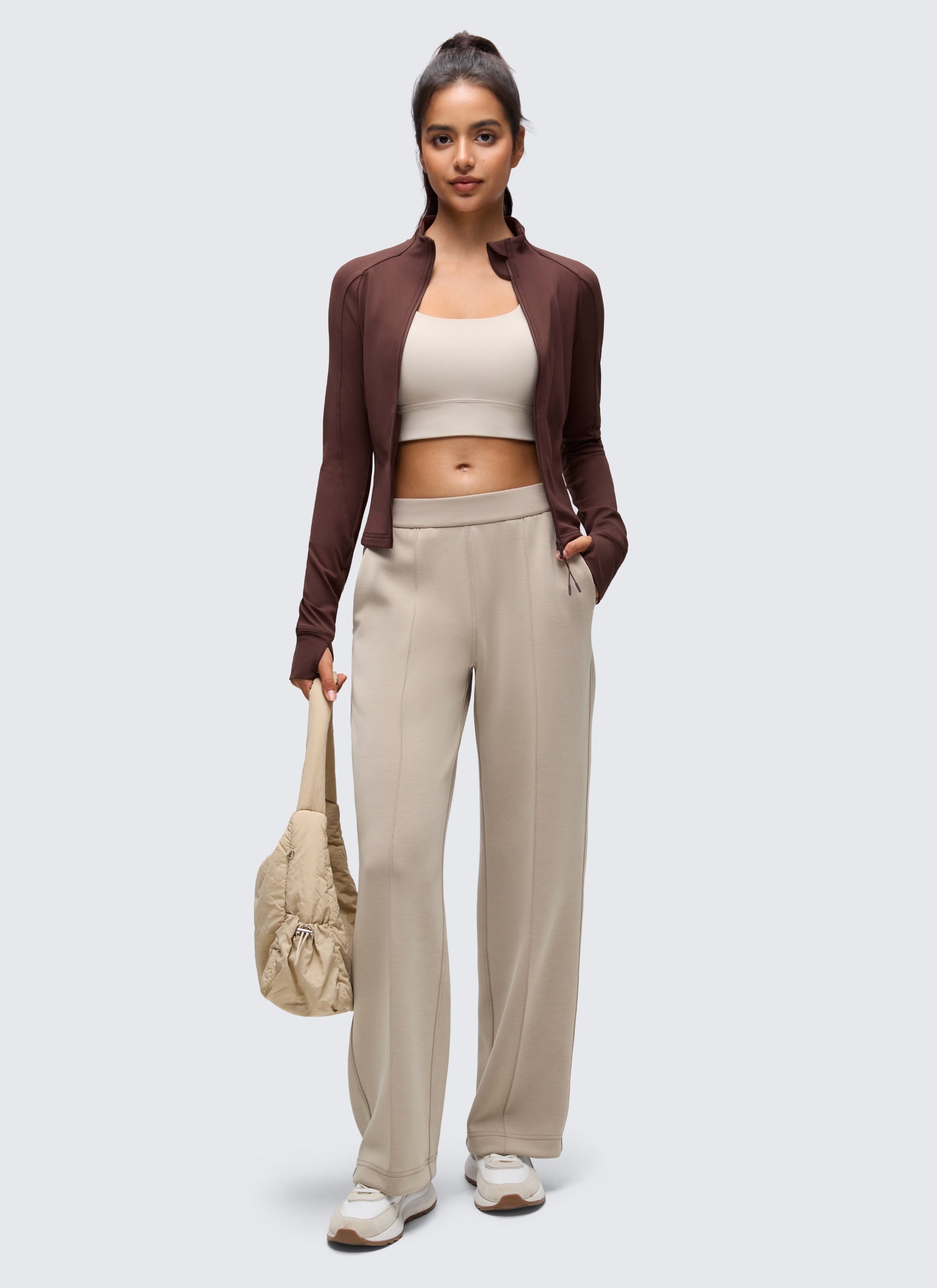 CRZ YOGA Damen Butterluxe Full Zipper Sport Jacke mit Daumenloch Taupe