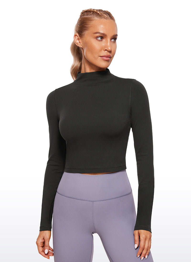 CRZ YOGA Butterluxe Damen Rollkragen Crop Pullover Langarmshirt Schwarz