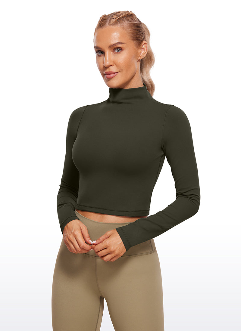 CRZ YOGA Butterluxe Damen Rollkragen Crop Pullover Langarmshirt Olivgrün
