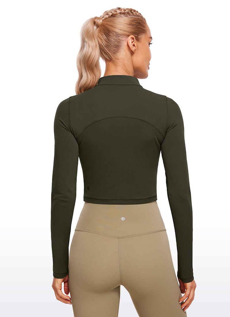 CRZ YOGA Butterluxe Damen Rollkragen Crop Pullover Langarmshirt Olivgrün