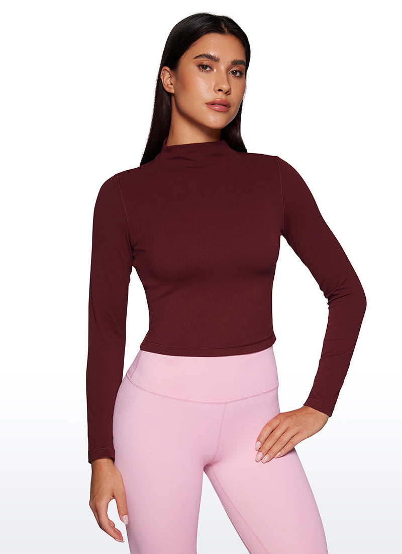 CRZ YOGA Butterluxe Damen Rollkragen Crop Pullover Langarmshirt Roter Merlot