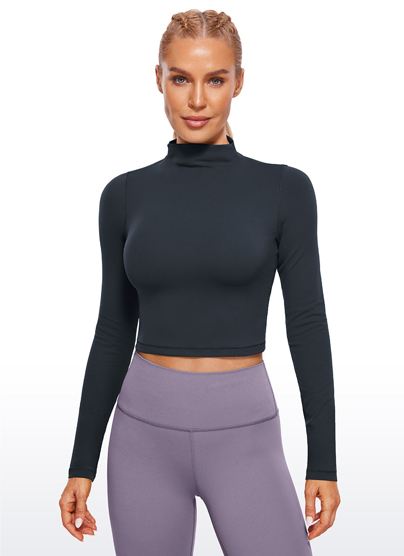 CRZ YOGA Butterluxe Damen Rollkragen Crop Pullover Langarmshirt Echte Marine