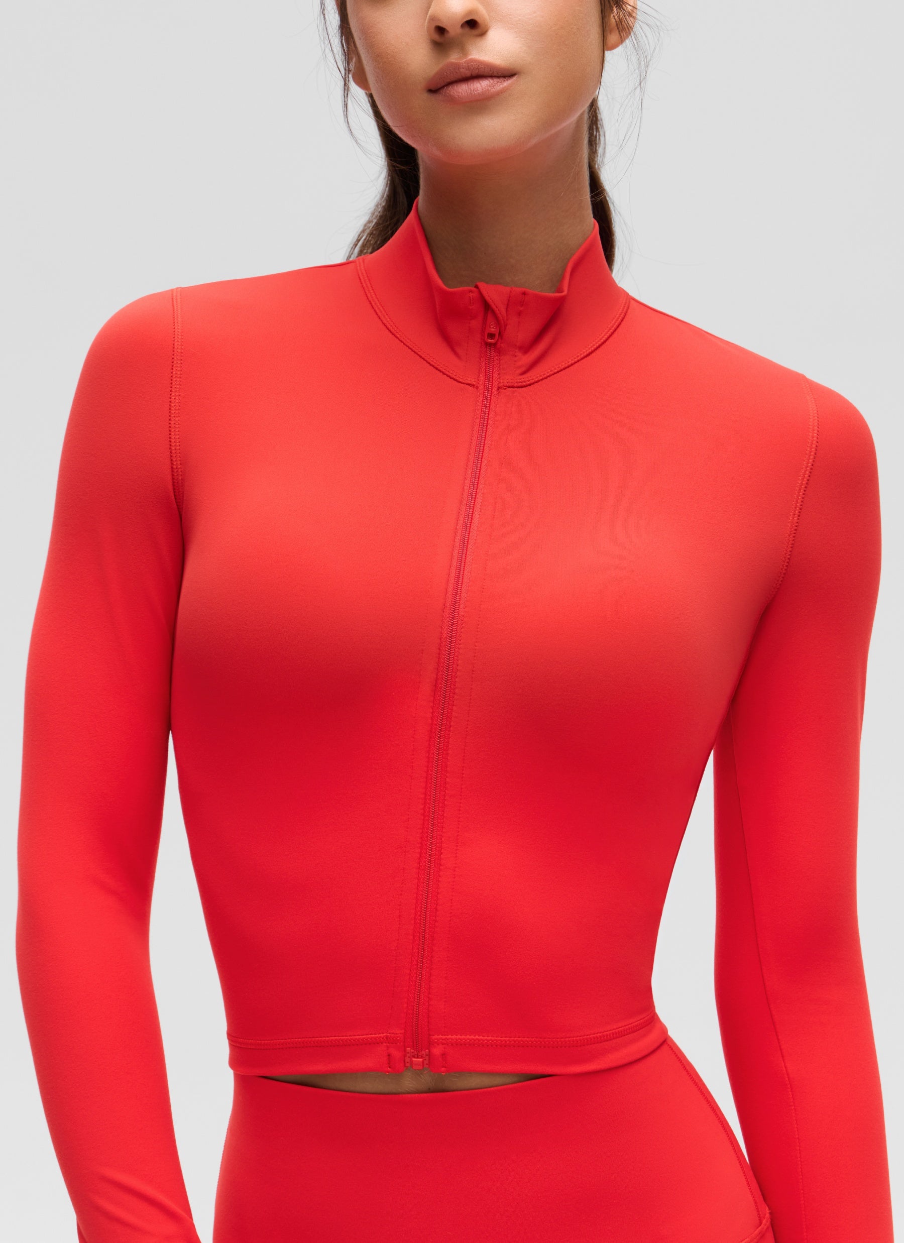 CRZ YOGA Damen Butterluxe Reißverschluss Cropped Jacke mit Daumenloch Tiefrot