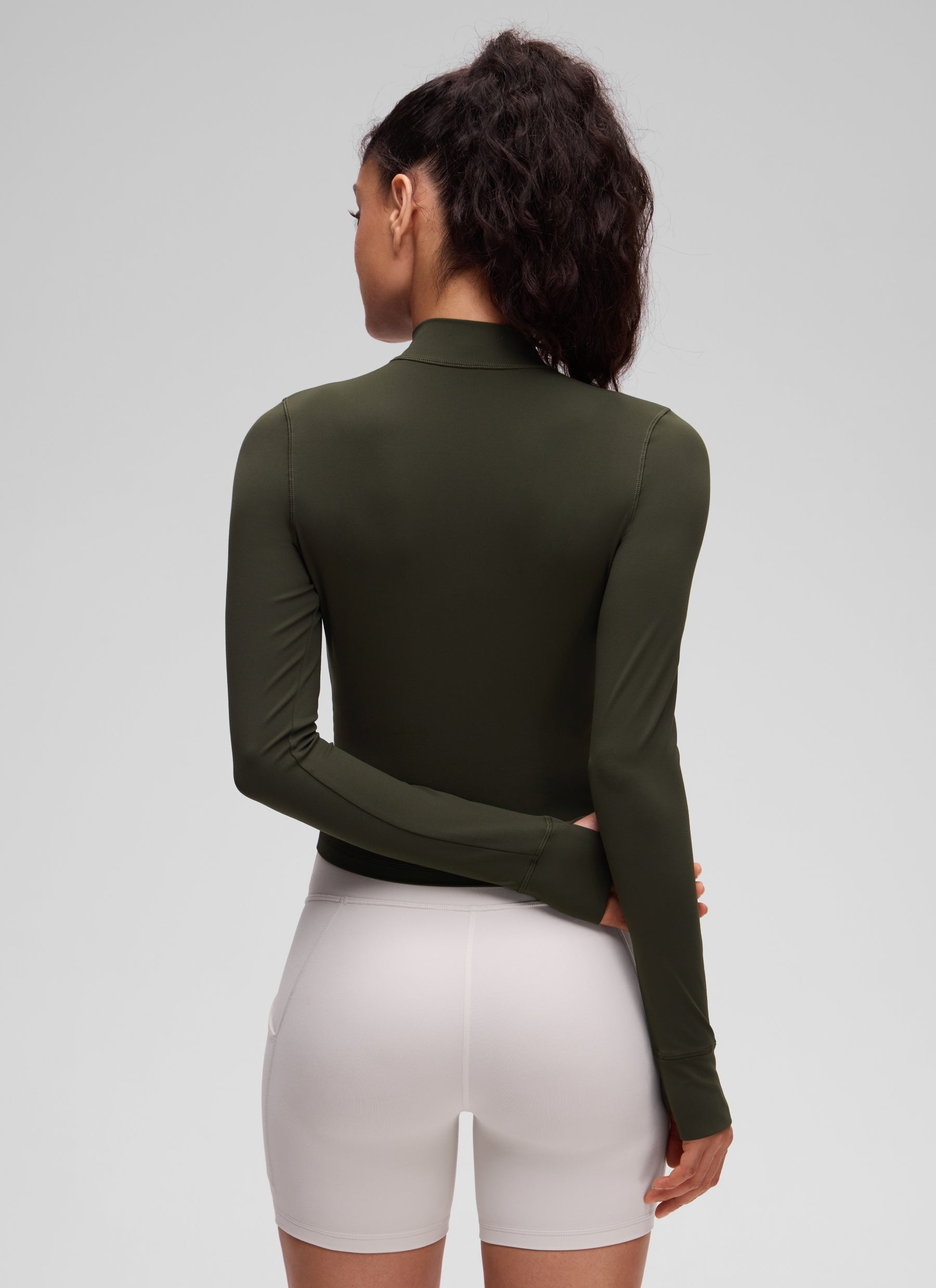 CRZ YOGA Damen Butterluxe Reißverschluss Cropped Jacke mit Daumenloch Olivgrün