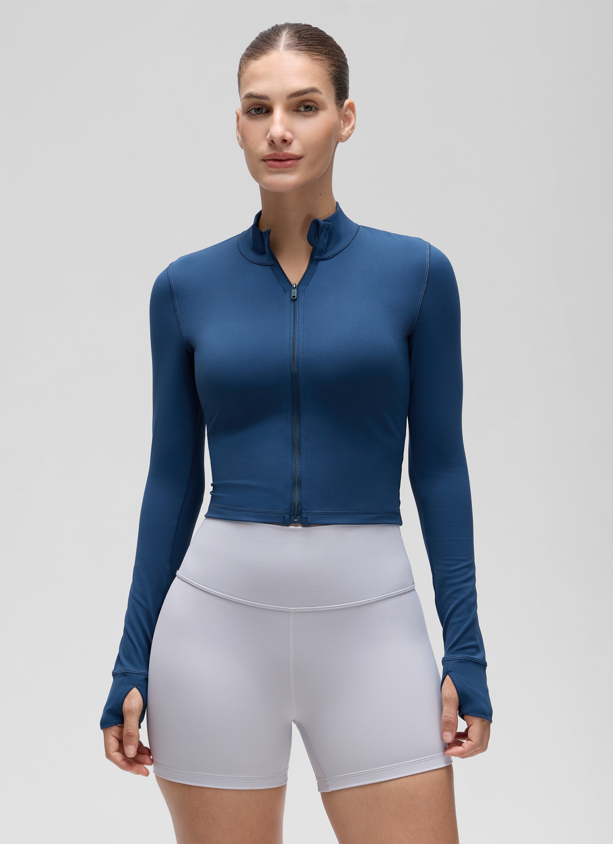 CRZ YOGA Damen Butterluxe Reißverschluss Cropped Jacke mit Daumenloch FRANZÖSISCHE MARINE