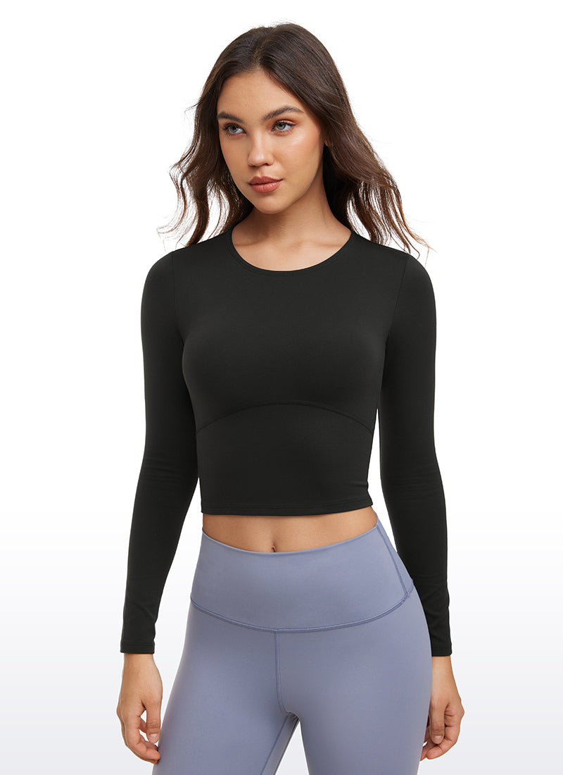 CRZ YOGA Damen Rundhalsausschnitte Leichtes Langarm Shirt Schwarz