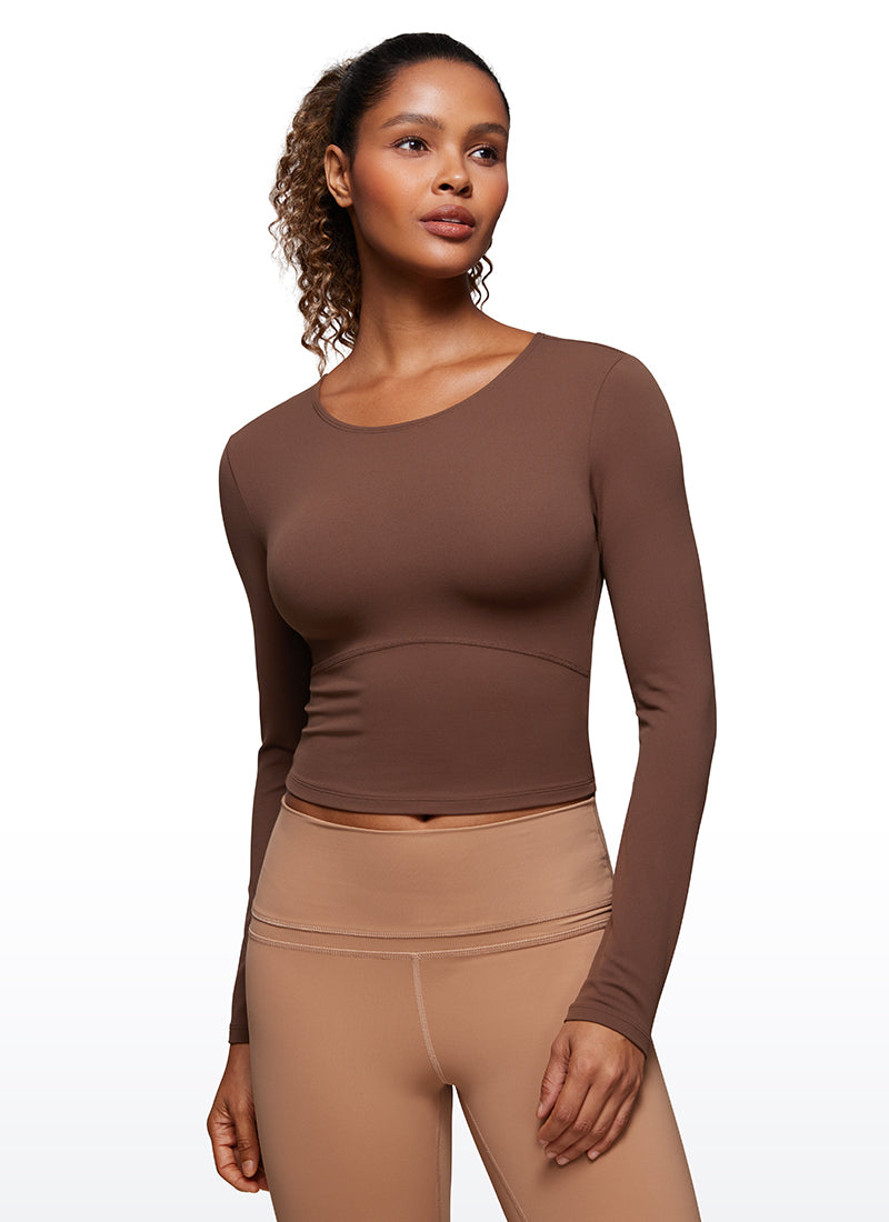 CRZ YOGA Damen Rundhalsausschnitte Leichtes Langarm Shirt Kaffeebraun