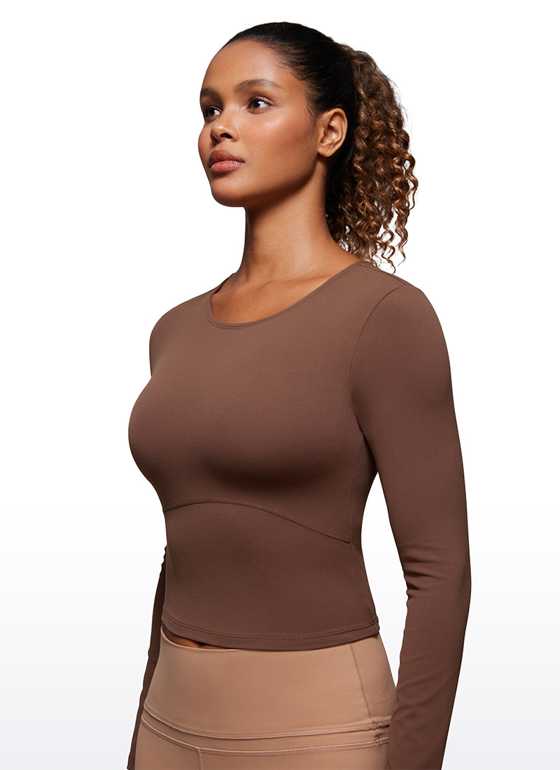 CRZ YOGA Damen Rundhalsausschnitte Leichtes Langarm Shirt Kaffeebraun