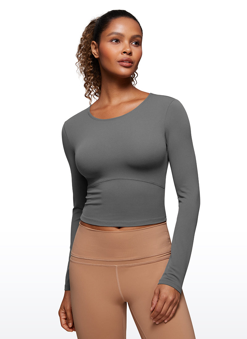 CRZ YOGA Damen Rundhalsausschnitte Leichtes Langarm Shirt Lavarauchgrau