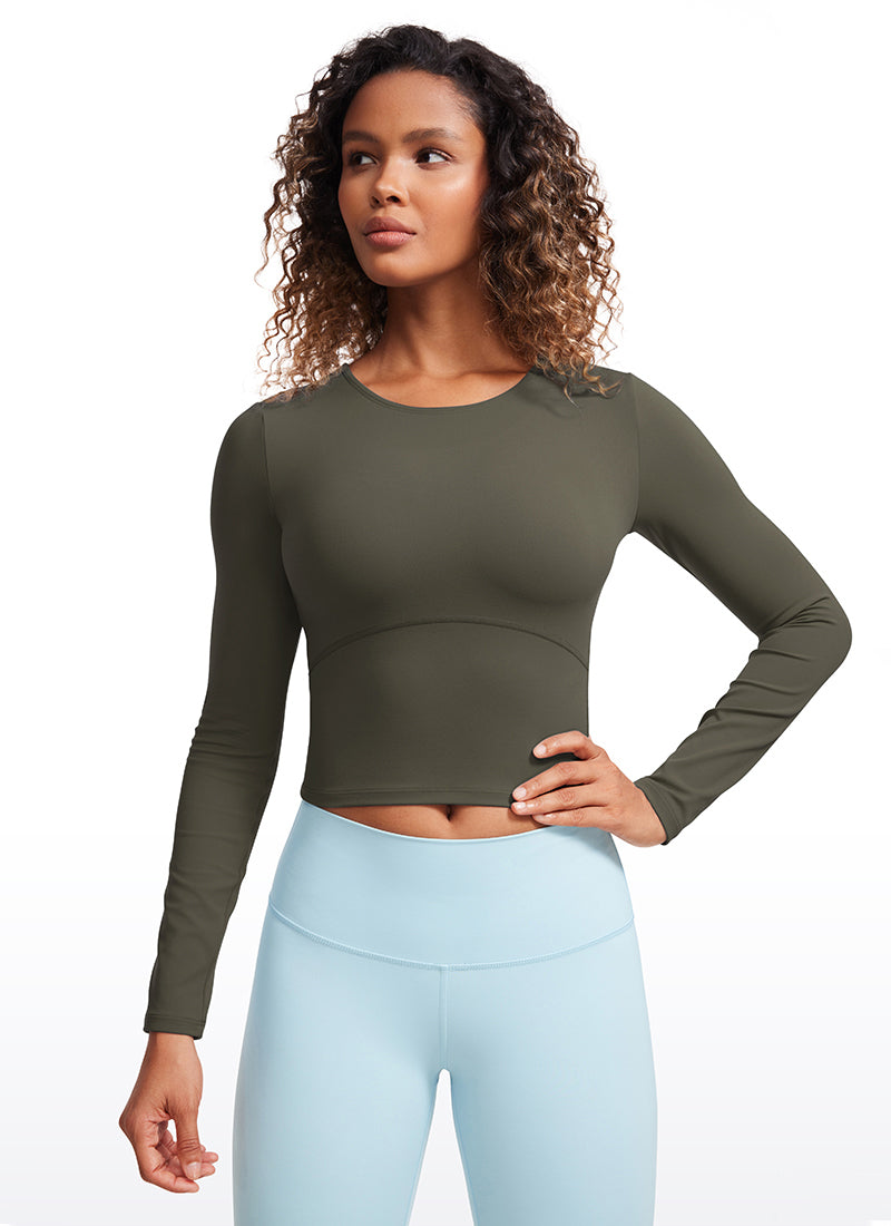 CRZ YOGA Damen Rundhalsausschnitte Leichtes Langarm Shirt Helles Armeegrün