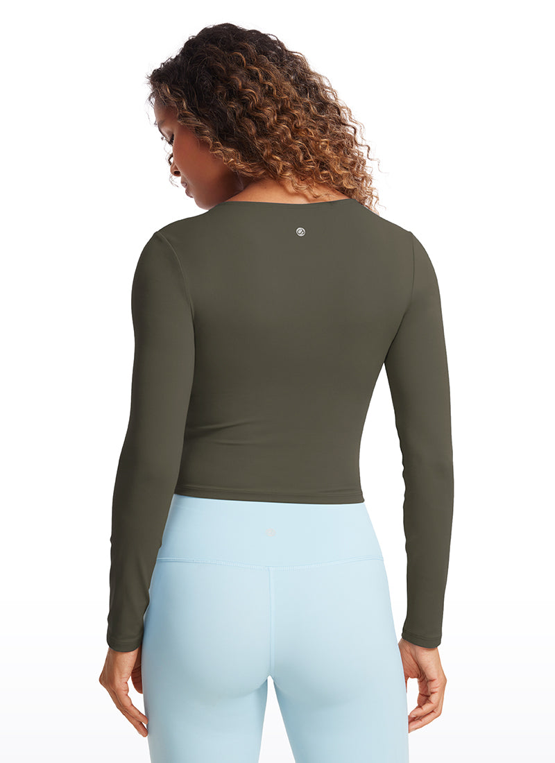 CRZ YOGA Damen Rundhalsausschnitte Leichtes Langarm Shirt Helles Armeegrün