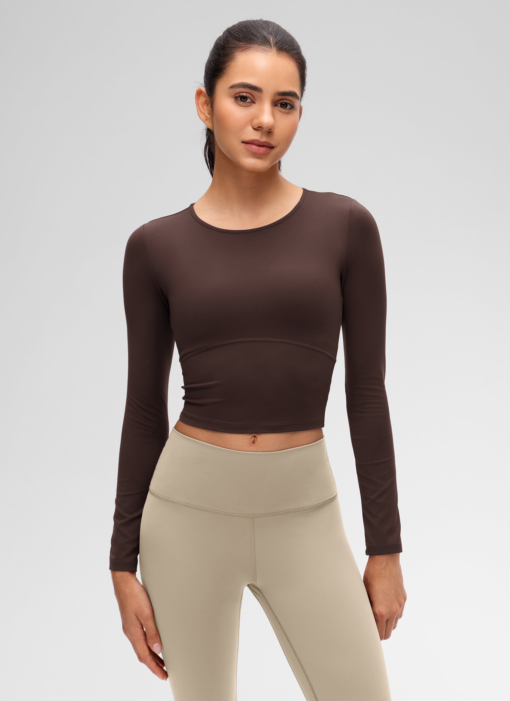 CRZ YOGA Damen Rundhalsausschnitte Leichtes Langarm Shirt Heißes Fudge-Brown