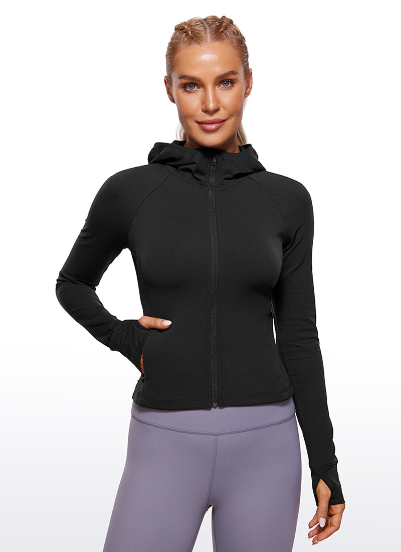 CRZ YOGA Damen Butterluxe Kapuzenpullover Hoodie Zip Up mit Daumenloch Schwarz