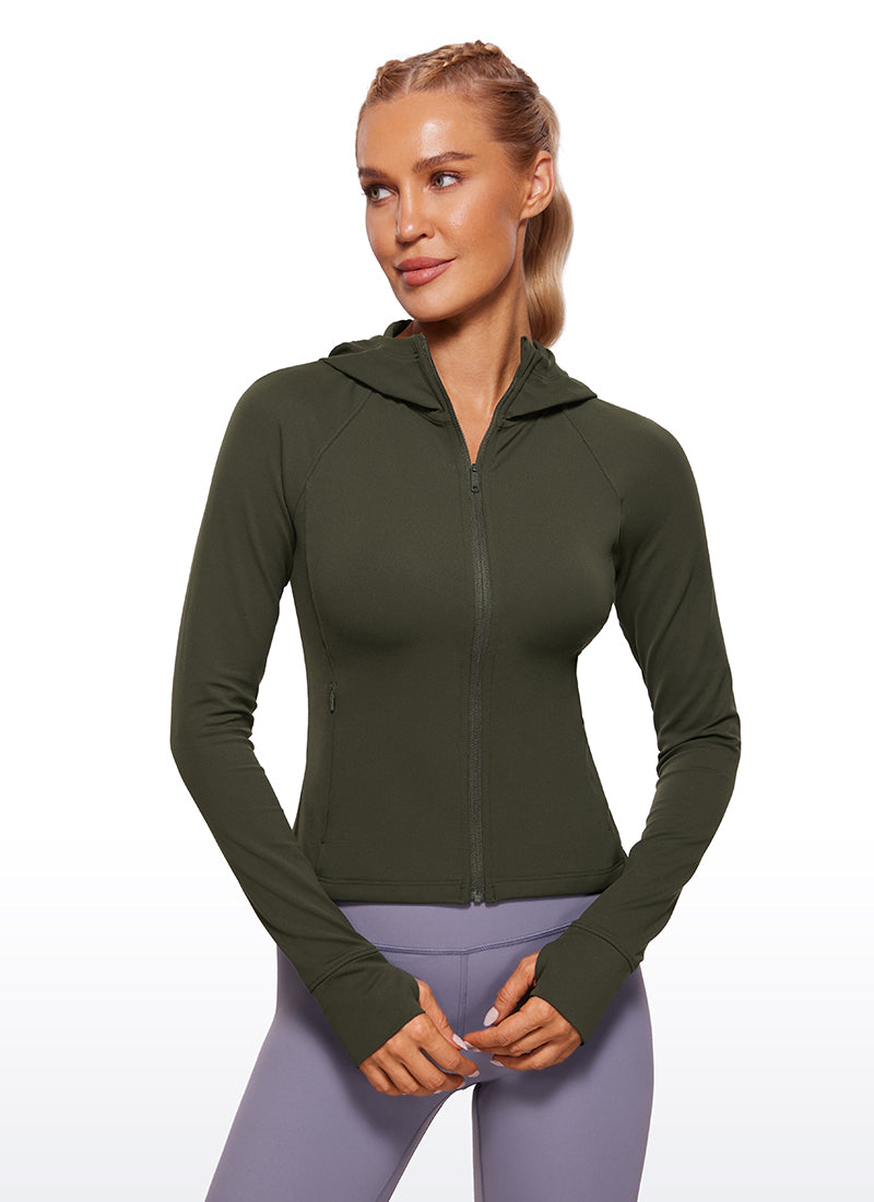 CRZ YOGA Damen Butterluxe Kapuzenpullover Hoodie Zip Up mit Daumenloch Olivgrün