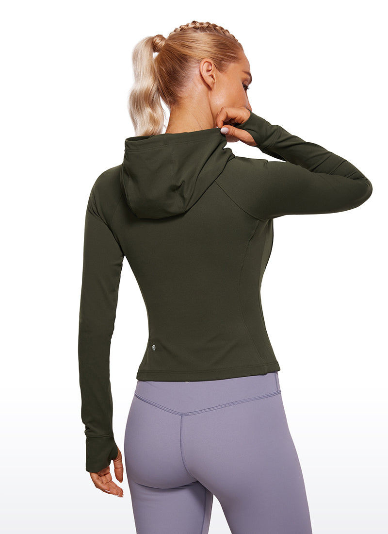 CRZ YOGA Damen Butterluxe Kapuzenpullover Hoodie Zip Up mit Daumenloch Olivgrün