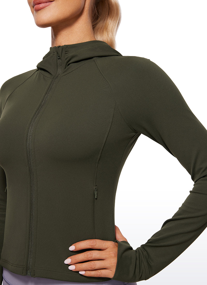 CRZ YOGA Damen Butterluxe Kapuzenpullover Hoodie Zip Up mit Daumenloch Olivgrün