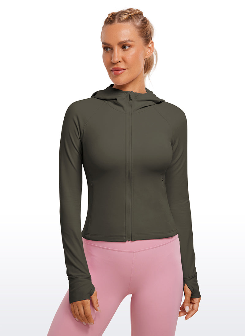 CRZ YOGA Damen Butterluxe Kapuzenpullover Hoodie Zip Up mit Daumenloch Helles Armeegrün