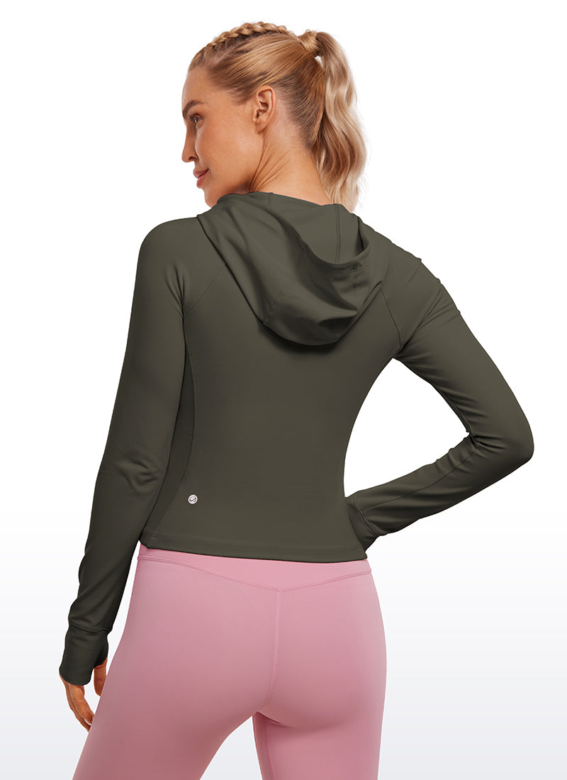 CRZ YOGA Damen Butterluxe Kapuzenpullover Hoodie Zip Up mit Daumenloch Helles Armeegrün