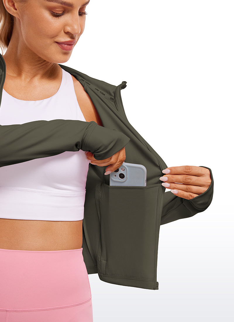 CRZ YOGA Damen Butterluxe Kapuzenpullover Hoodie Zip Up mit Daumenloch Helles Armeegrün