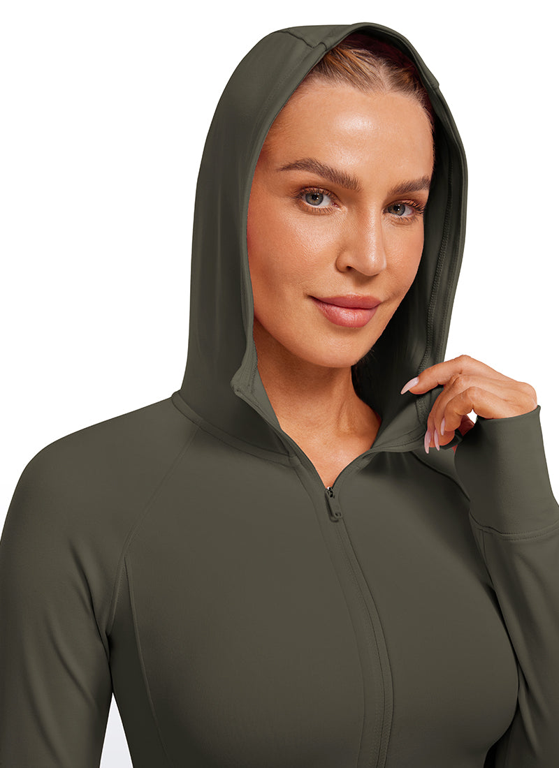 CRZ YOGA Damen Butterluxe Kapuzenpullover Hoodie Zip Up mit Daumenloch Helles Armeegrün