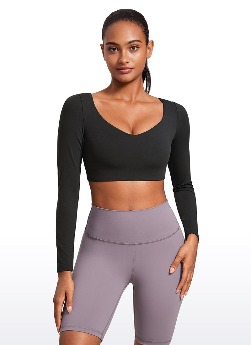 CRZ YOGA Damen Butterluxe Doppelt Gefüttert  V-Ausschnitt Cropped Hemd Schwarz