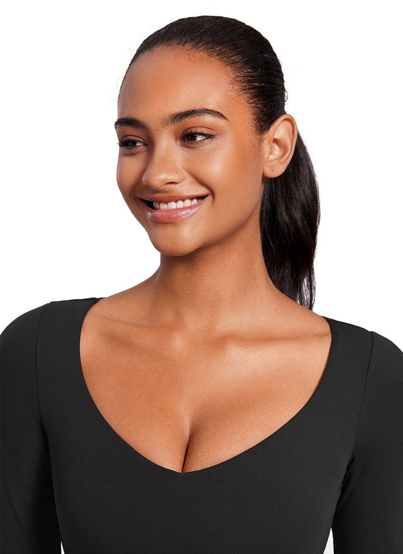 CRZ YOGA Damen Butterluxe Doppelt Gefüttert  V-Ausschnitt Cropped Hemd Schwarz