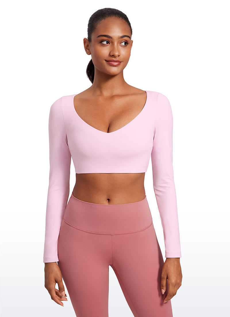 CRZ YOGA Damen Butterluxe Doppelt Gefüttert  V-Ausschnitt Cropped Hemd Rosa Pfingstrose